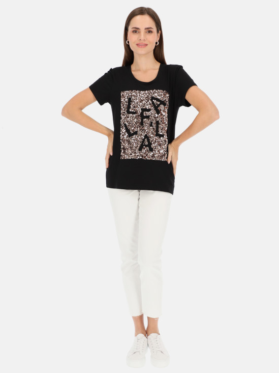  Czarny t-shirt damski z cekinową aplikacją L'AF Paris