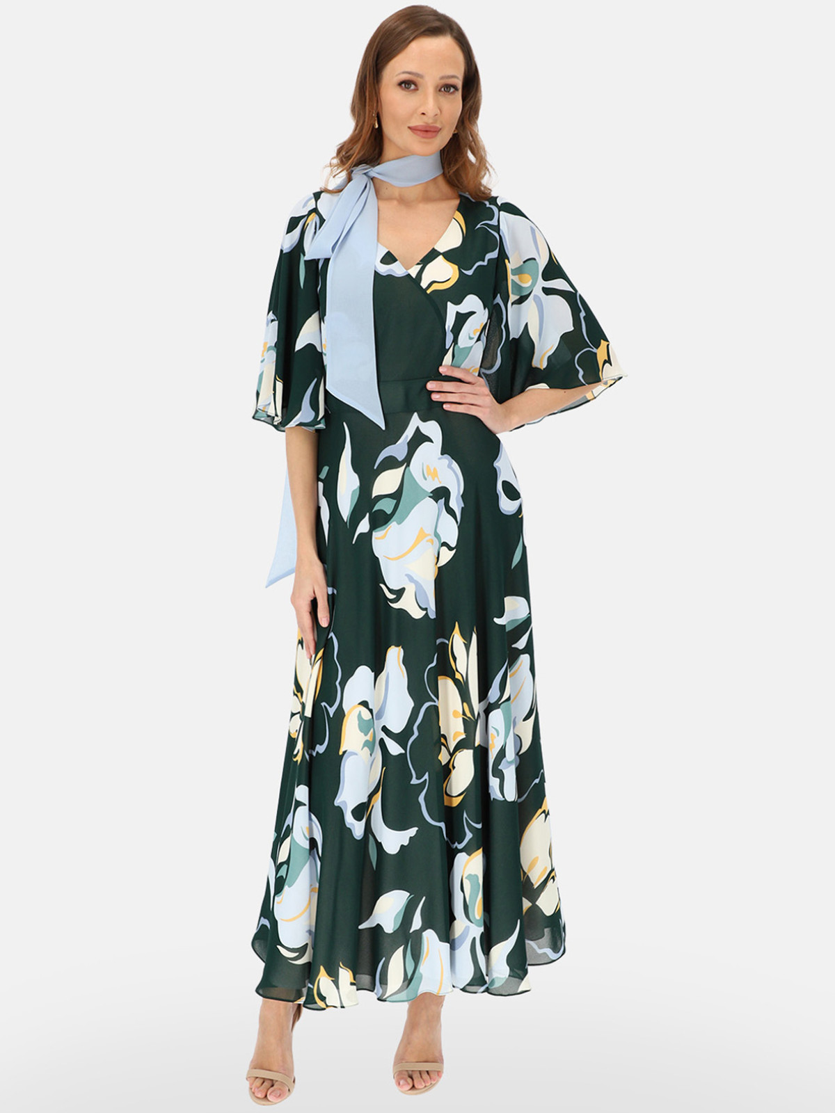 Zielona elegancka sukienka maxi w kwiatowy wz&oacute;r na wesele