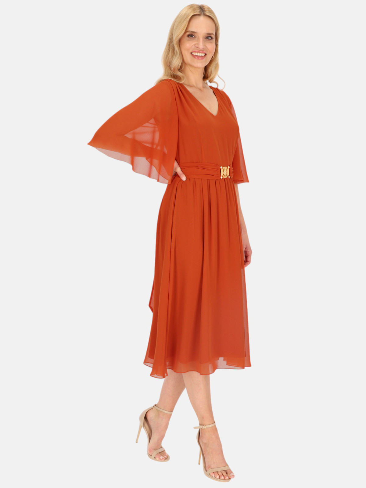 Sukienka dla 60 latki - ceglana sukienka midi