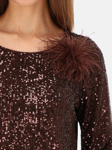 Brązowa cekinowa sukienka koktajlowa z broszką L'AF Clea