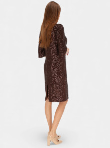 Brązowa cekinowa sukienka koktajlowa z broszką L'AF Clea