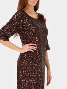 Brązowa cekinowa sukienka koktajlowa z broszką L'AF Clea