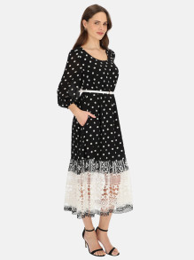 Czarna sukienka midi w groszki z koronką L’AF Karla