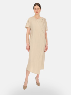  Szara lniana sukienka midi z asymetrycznym dekoltem i marszczeniem Eye For Fashion