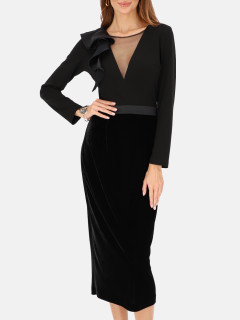  Czarna sukienka midi z falbaną i welurowym dołem L'AF Megan