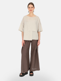  Kremowa lniana bluzka damska z asymetryczną aplikacją Eye For Fashion