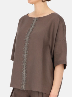  Brązowa lniana bluzka damska z ozdobnym przeszyciem Eye For Fashion