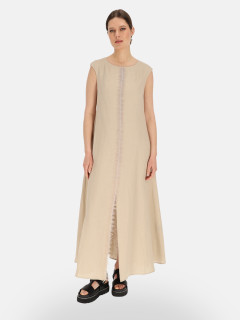  Beżowa lniana sukienka maxi z ozdobnym strzępieniem Eye For Fashion