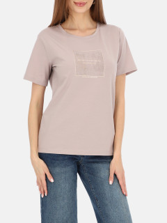  Pudrowy t-shirt damski z połyskującym nadrukiem L’AF Nika