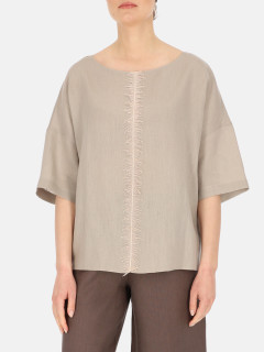  Szara lniana bluzka damska z ozdobnym przeszyciem Eye For Fashion