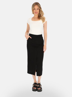  Lniana czarna spódnica midi z rozcięciem Eye For Fashion