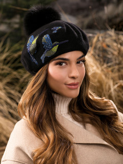  Czarny beret z aplikacją ptaków L'AF Kenasa