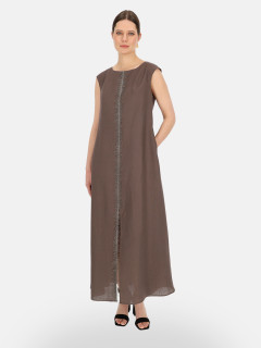  Brązowa lniana sukienka maxi z ozdobnym strzępieniem Eye For Fashion