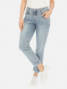 Niebieskie jeansy damskie z przeszyciami w pasie Red Button Relax