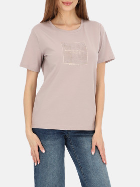 Pudrowy t-shirt damski z połyskującym nadrukiem L’AF Nika