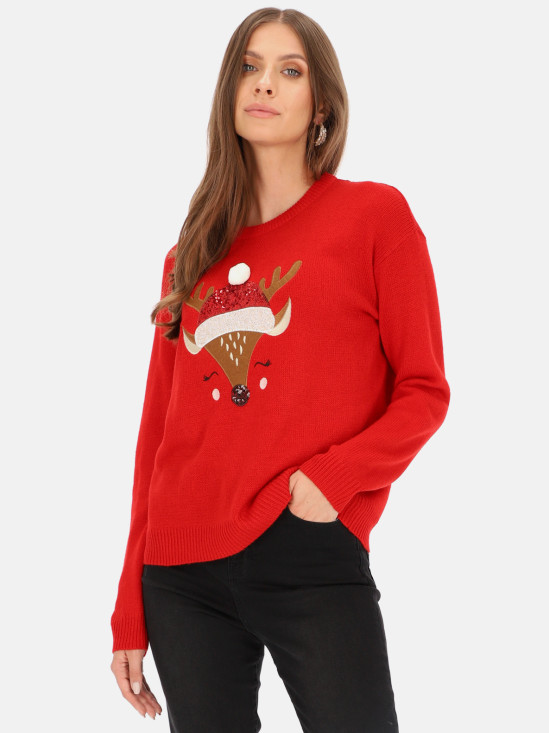  Czerwony sweter damski z motywem świątecznym Eye For Fashion Maura