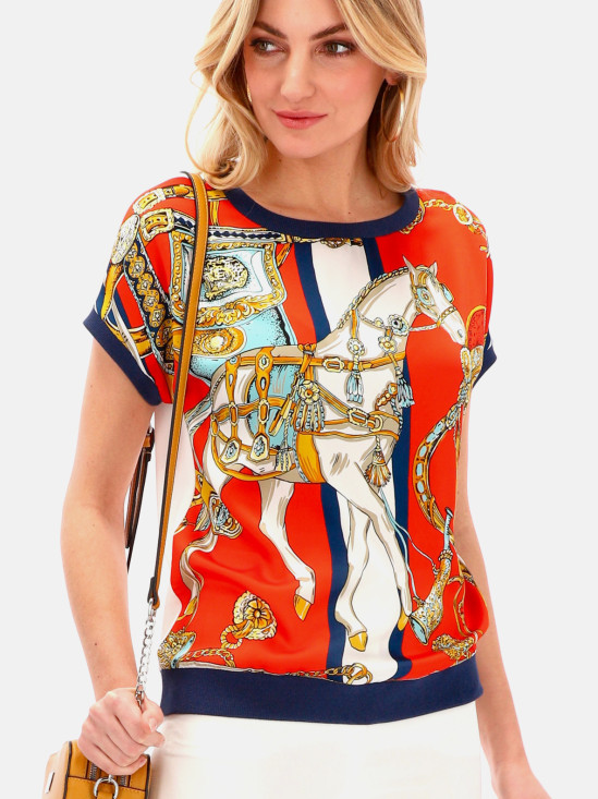  Bluzka z łączonych tkanin z printem konia L'AF Hera