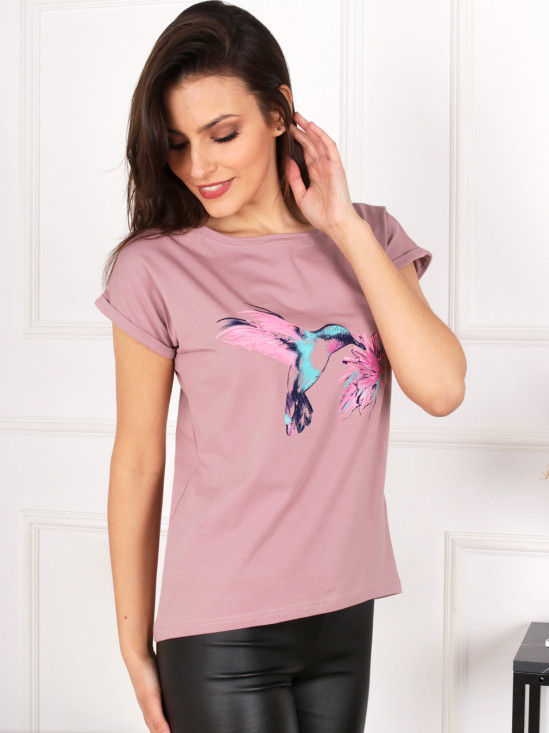  Różowy t-shirt z nadrukiem ptaszka Off Pink KOLIBER