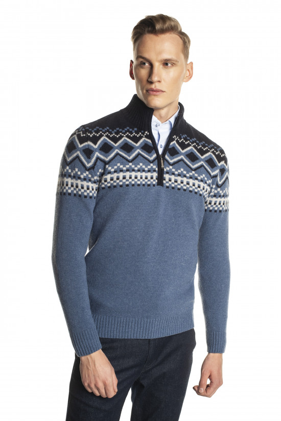  Niebieski sweter ze stójką z zamkiem Recman NORDEN