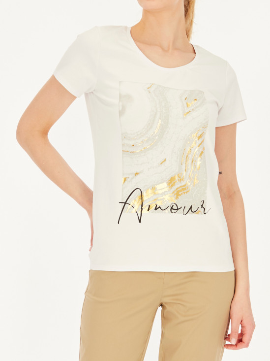  Biały t-shirt z połyskującym nadrukiem L'AF Amour