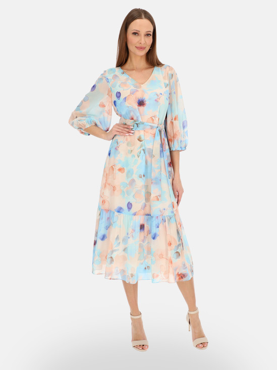  Błękitna sukienka w kwiaty z paskiem L'AF Arleta