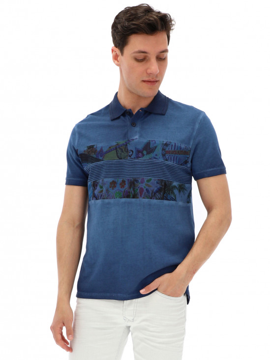  Niebieska koszulka polo z ozdobną wstawką Desigual JORDI REP