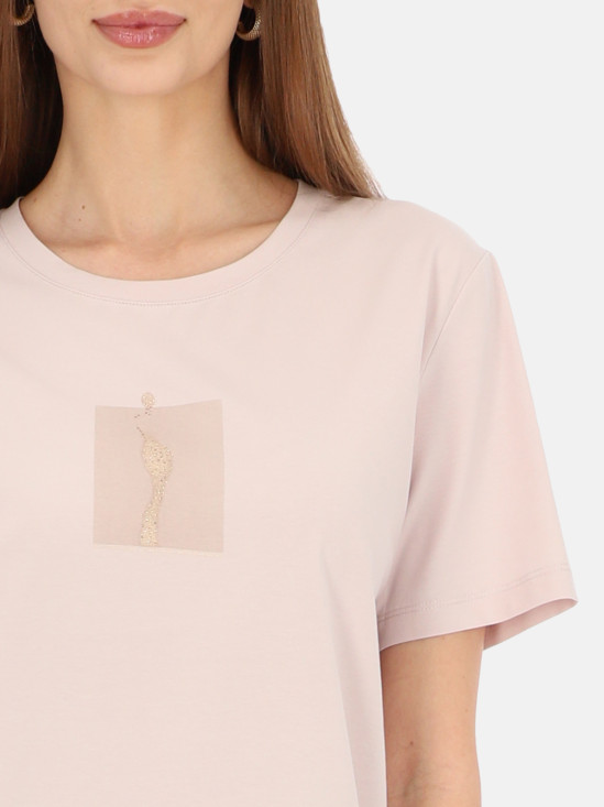  Pudrowy t-shirt damski z połyskującym nadrukiem Potis & Verso Roxa