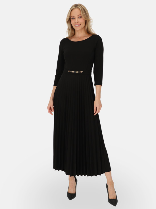  Czarna sukienka z plisowanym dołemi ozdobą w pasie L'AF Celine