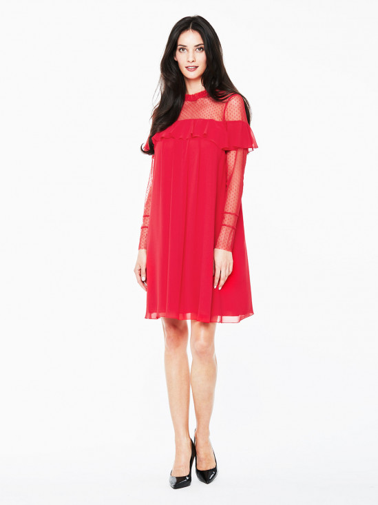  Sukienka czerwona z siateczkowym dekoltem i falbanami L'AF Muza