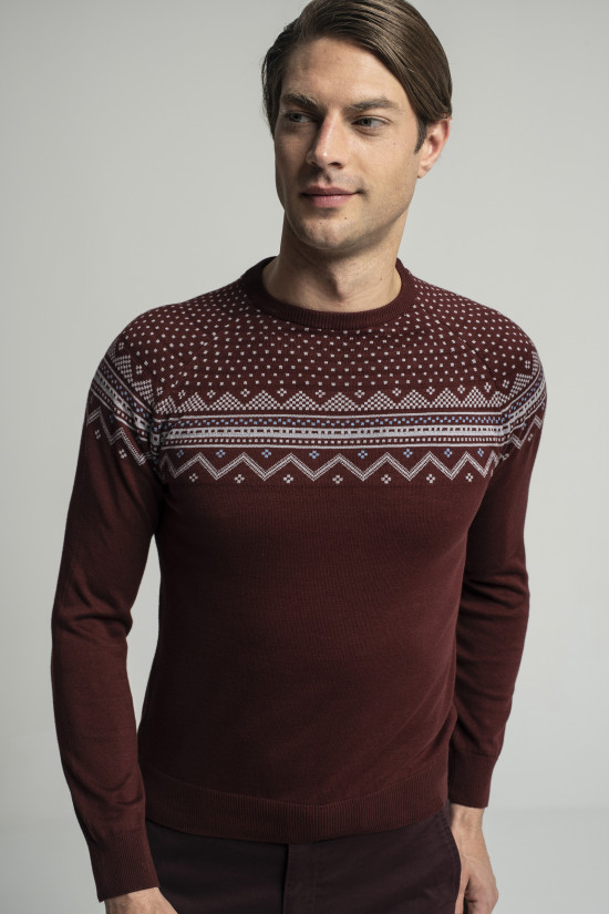  Bordowy wzorzysty sweter typu półgolf Recman Xmas Anso