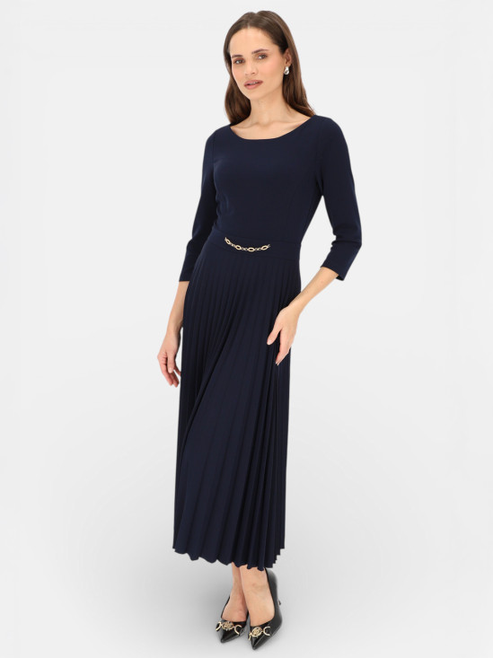  Granatowa sukienka z plisowanym dołemi ozdobą w pasie L'AF Celine