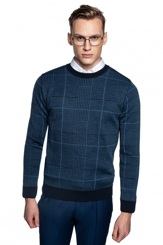  Sweter niebieski w kratę z wełną Recman GRILLONS