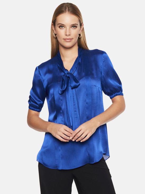  Niebieska satynowa bluzka damska z szarfą L'AF Zorin