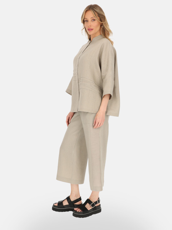  Szara lniana koszula damska z kołnierzem stójką Eye For Fashion