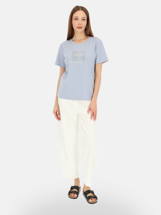  Błękitny t-shirt damski z połyskującym nadrukiem L’AF Nika