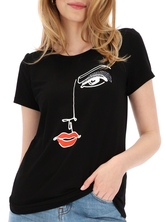  T-shirt czarny z nadrukiem twarzy kobiety Potis & Verso Libra