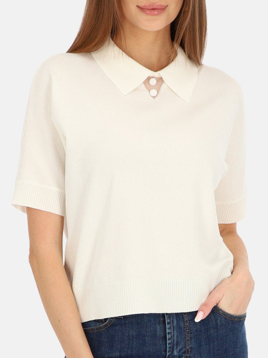  Dzianinowa biała bluzka damska z kołnierzykiem L’AF Ren