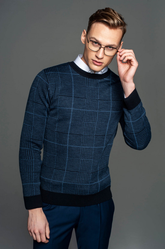  Sweter niebieski w kratę z wełną Recman GRILLONS