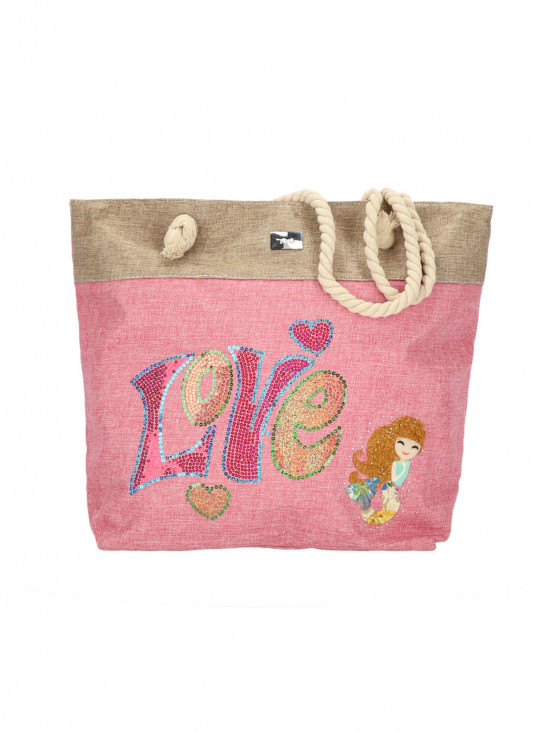  Różowa torba tekstylna z aplikacją z uchwytem z plecionego sznura Verde