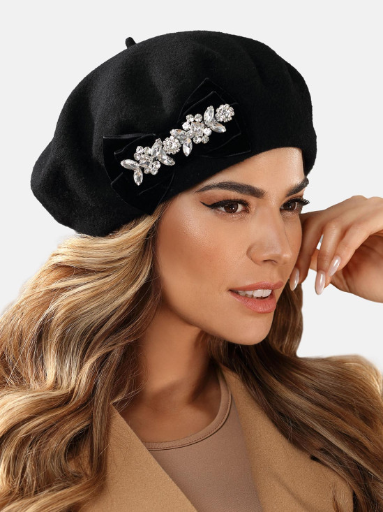  Elegancki czarny beret damski klasyczny ze zdobieniami L'AF Fireni