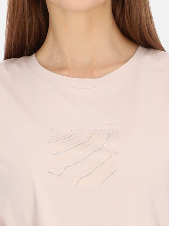  Pudrowy t-shirt damski z subtelnym nadrukiem Potis & Verso Mercy