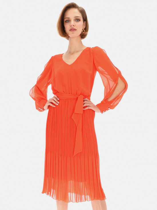  Pomarańczowa zwiewna sukienka z plisowanym dołem Potis&Verso Ofelia