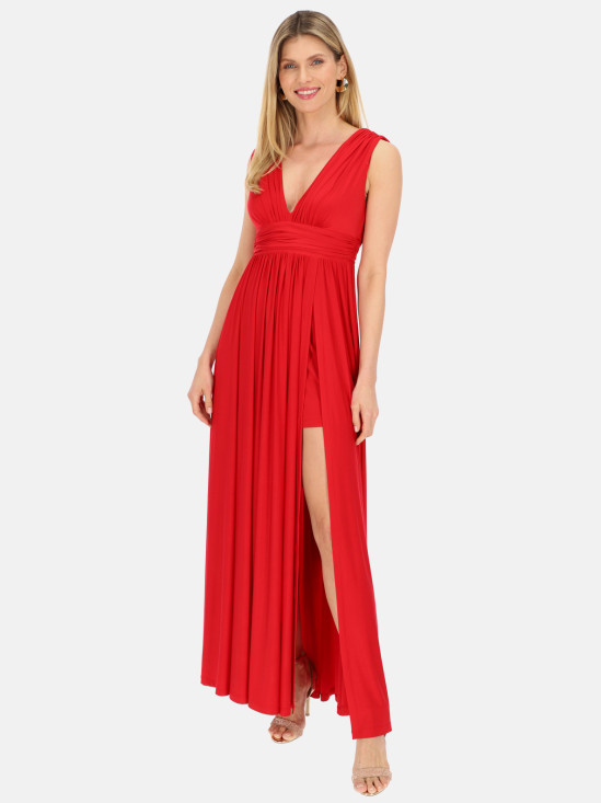  Czerwona sukienka z rozcięciem na wesele L'AF Zoraya