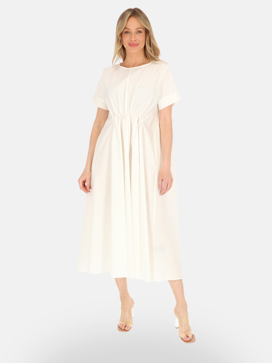  Kremowa sukienka midi damska z marszczeniem w talii Eye For Fashion