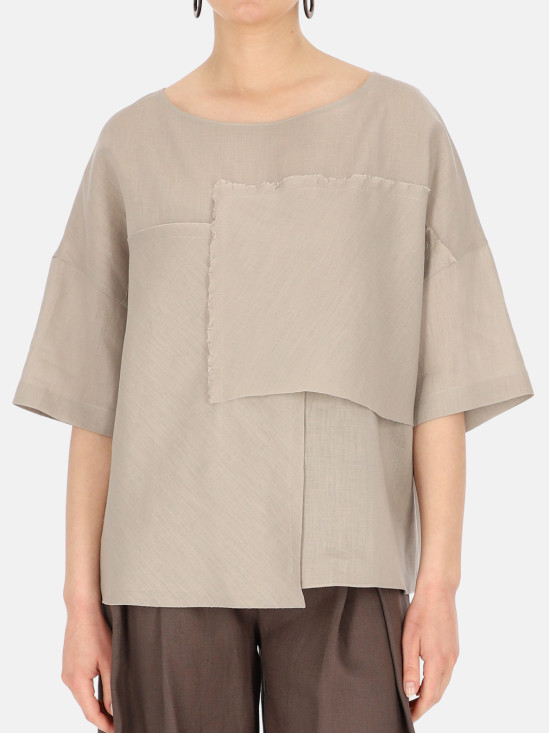  Szara lniana bluzka damska z asymetryczną aplikacją Eye For Fashion