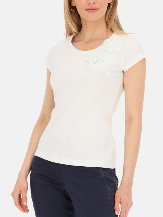  Biały t-shirt damski z 3D kwiatami L'AF Tara
